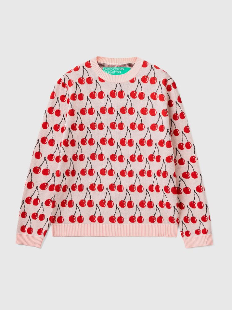 Benetton Cherry Pattern Crew Neck Sweaters Dames Roze | BE567703