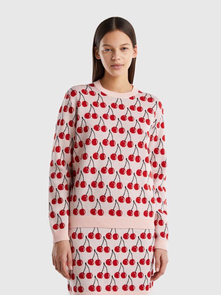 Benetton Cherry Pattern Crew Neck Sweaters Dames Roze | BE567703