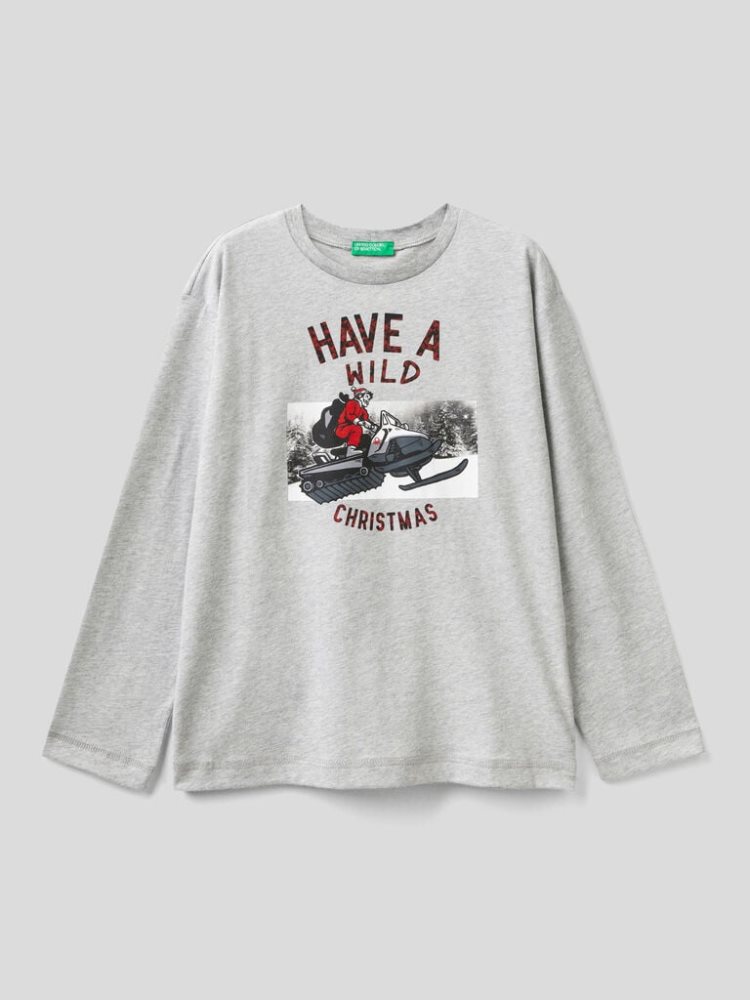 Benetton Christmas Photo Print Long Sleeve T-shirts Kinderen Grijs | BE914158