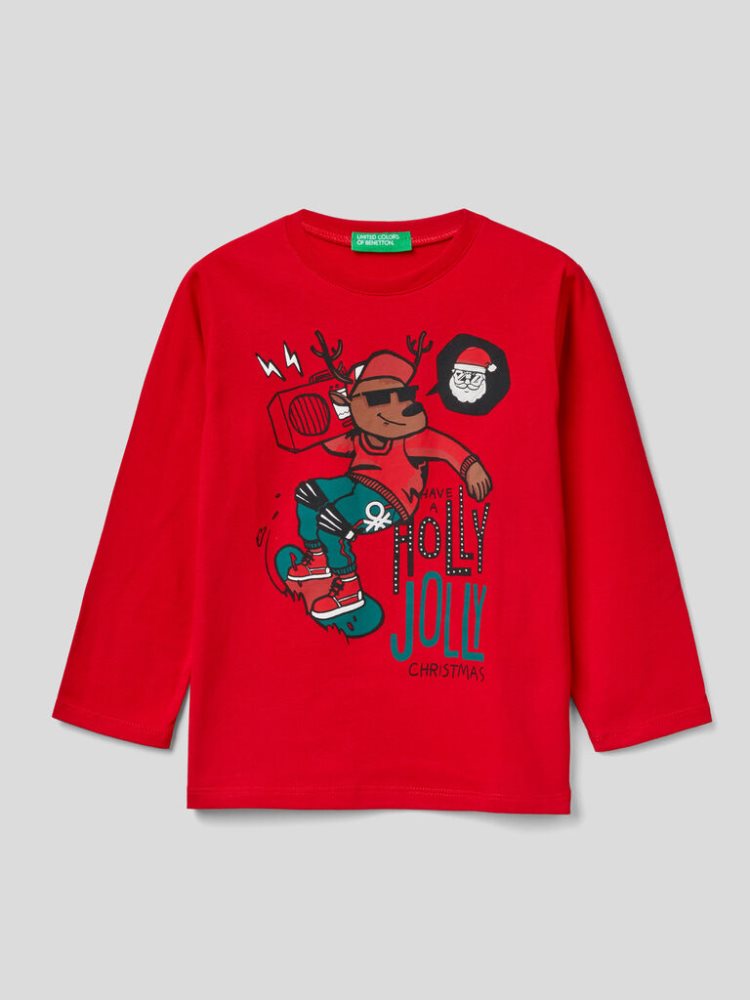 Benetton Christmas Print Long Sleeve T-shirts Kinderen Rood | BE890783