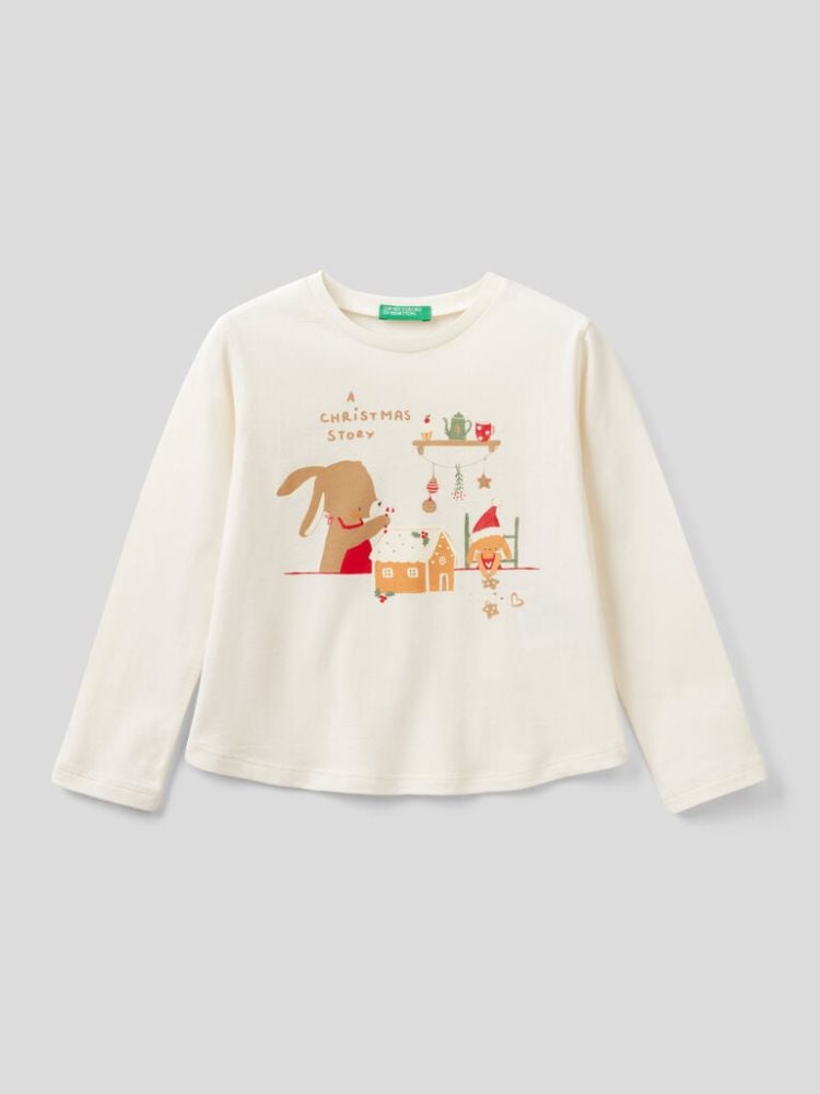 Benetton Christmas Prints Long Sleeve T-shirts Kinderen Wit | BE481634