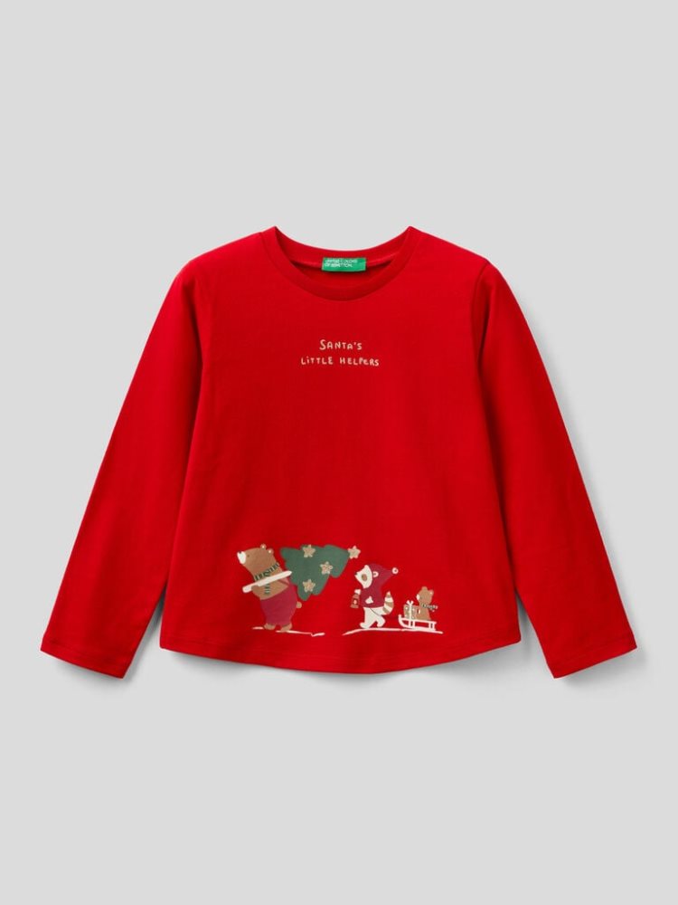 Benetton Christmas Prints Long Sleeve T-shirts Kinderen Rood | BE913928