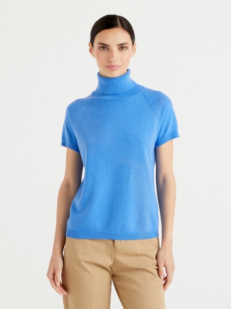 Benetton Cornflower Blue Kort Sleeve Turtleneck High Neck Sweaters Dames Turquoise | BE122358