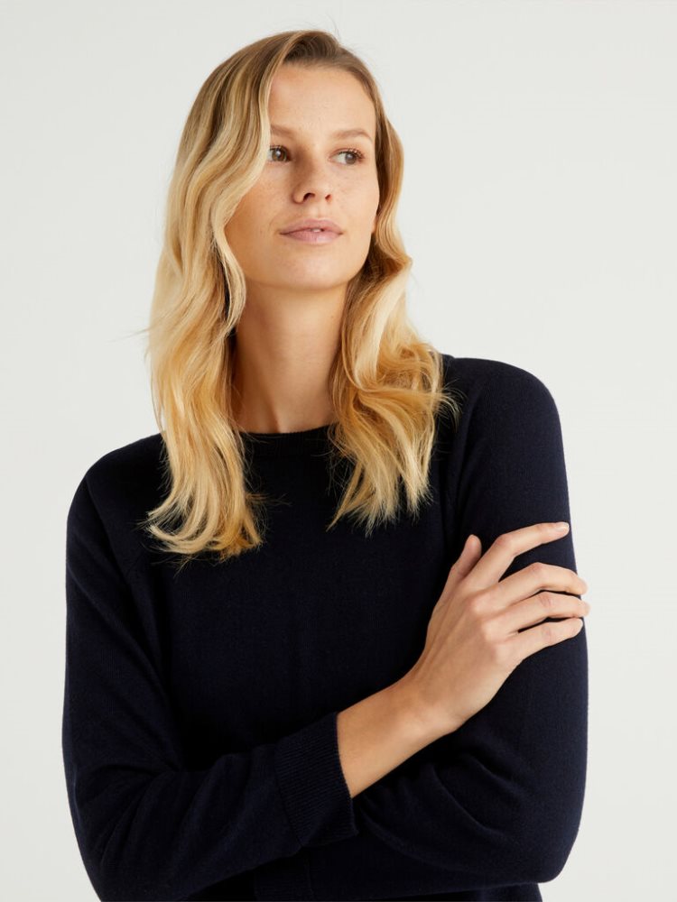 Benetton Crew Neck Cashmere And Wol Blend Truien Dames Donkerblauw | BE389795