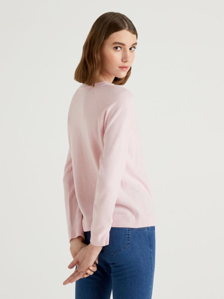 Benetton Crew Neck Cashmere And Wol Blend Truien Dames Roze | BE439114