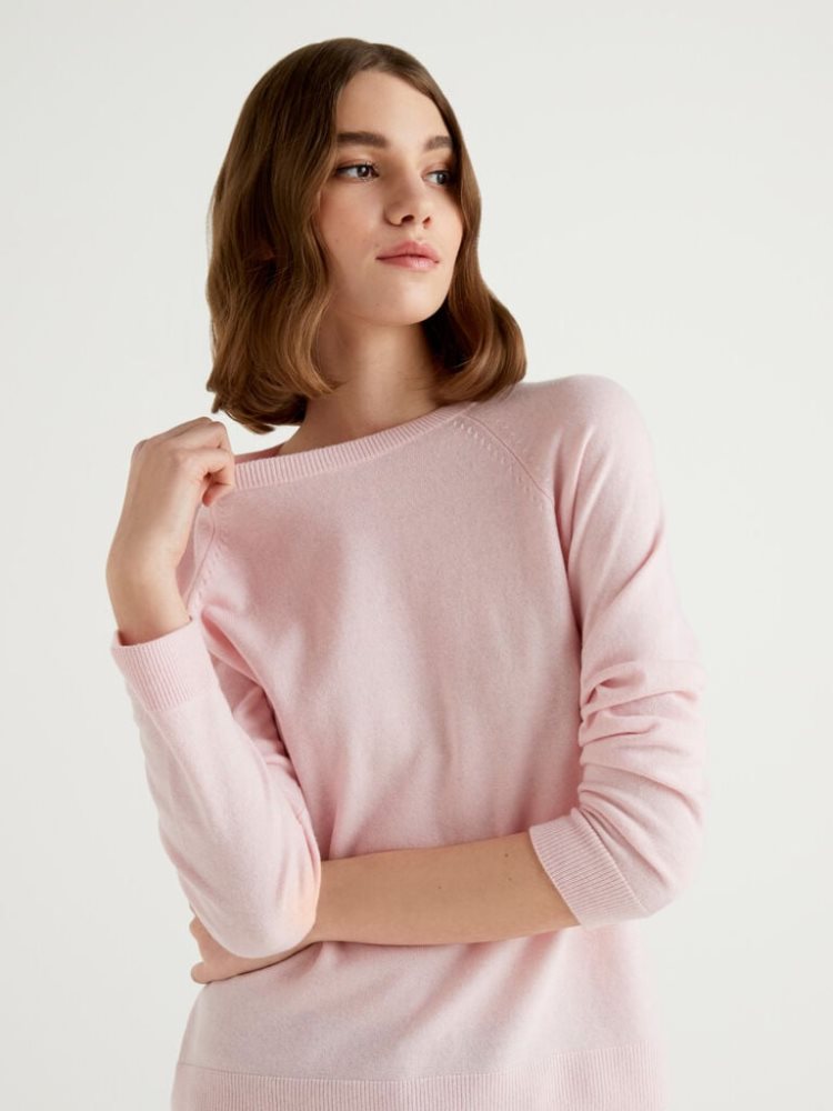 Benetton Crew Neck Cashmere And Wol Blend Truien Dames Roze | BE439114