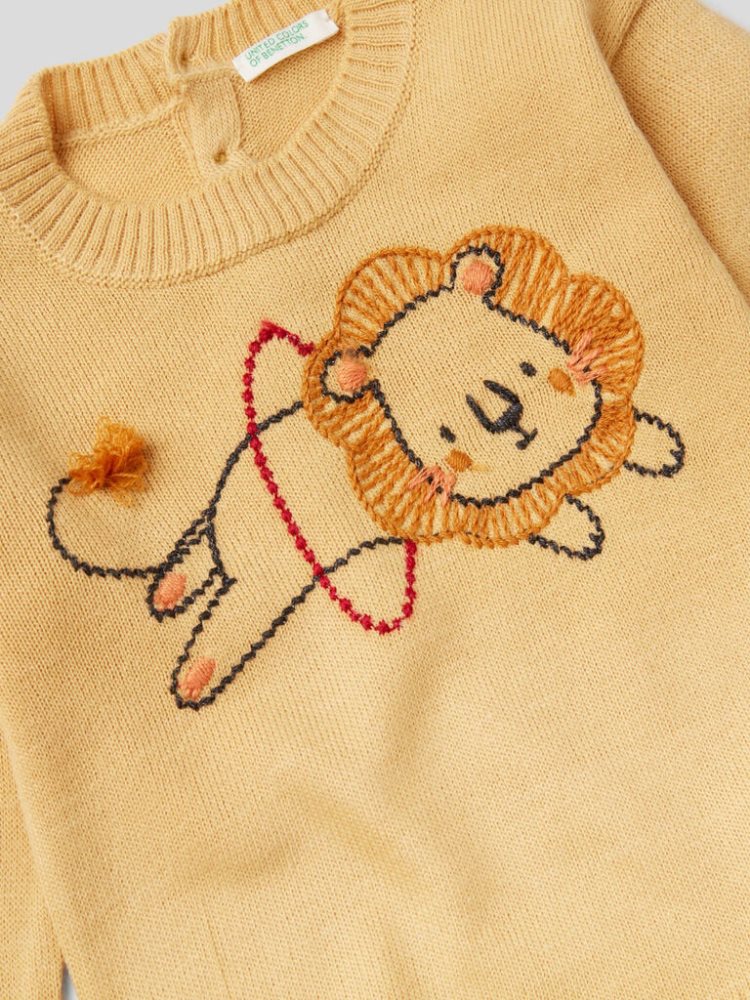 Benetton Crew Neck Embroidery Truien Kinderen Geel | BE913515