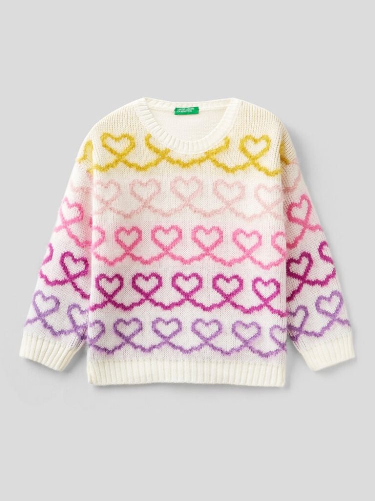 Benetton Crew Neck Inlays Truien Kinderen Wit | BE172995