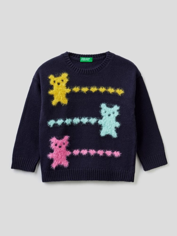 Benetton Crew Neck Inlays Truien Kinderen Donkerblauw | BE370423