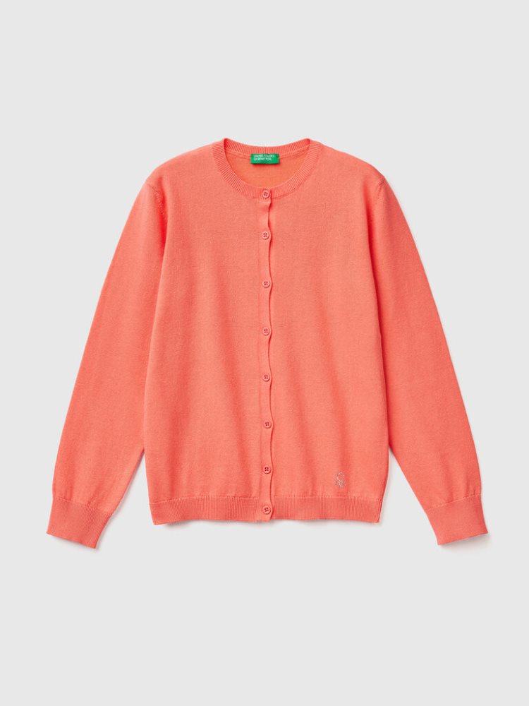 Benetton Crew Neck Katoenen Blend Cardigan Kinderen Oranje Koraal | BE473211