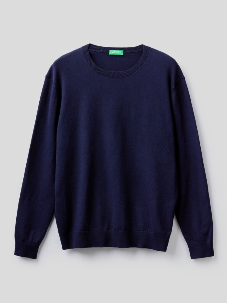 Benetton Crew Neck Lichtgewicht Katoenen Blend Truien Heren Donkerblauw | BE047689