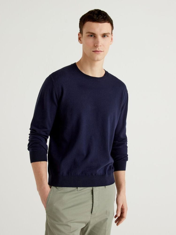 Benetton Crew Neck Lichtgewicht Katoenen Blend Truien Heren Donkerblauw | BE047689