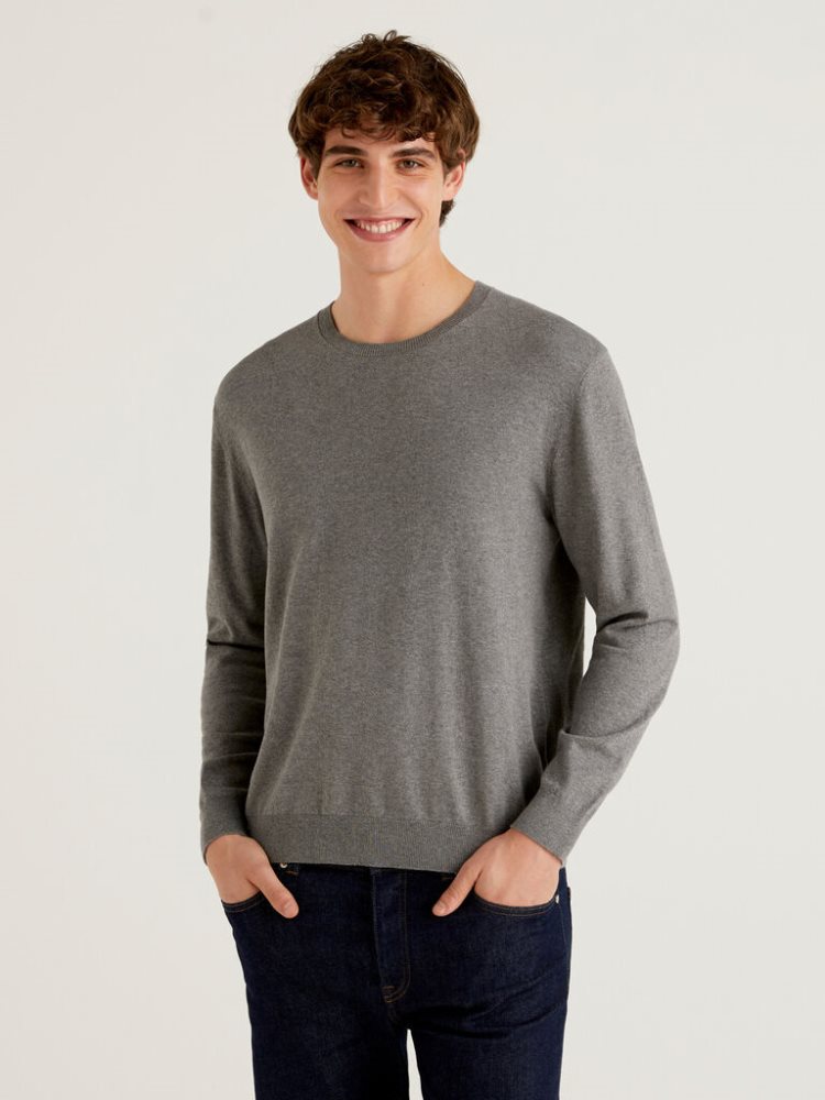 Benetton Crew Neck Lichtgewicht Katoenen Blend Truien Heren Donkergrijs | BE356585