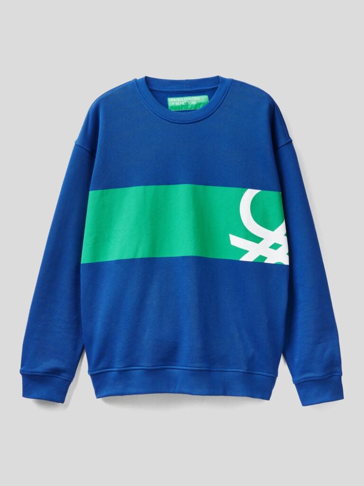 Benetton Crew Neck Logo Print Sweatshirt Heren Blauw | BE070475