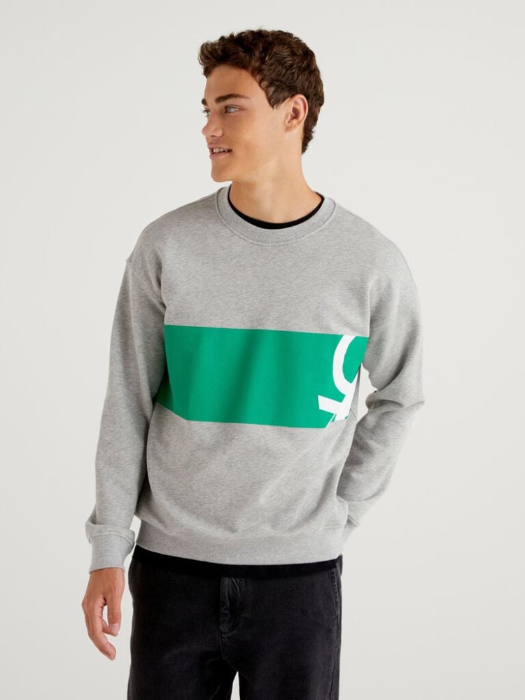 Benetton Crew Neck Logo Print Sweatshirt Heren Grijs | BE447451