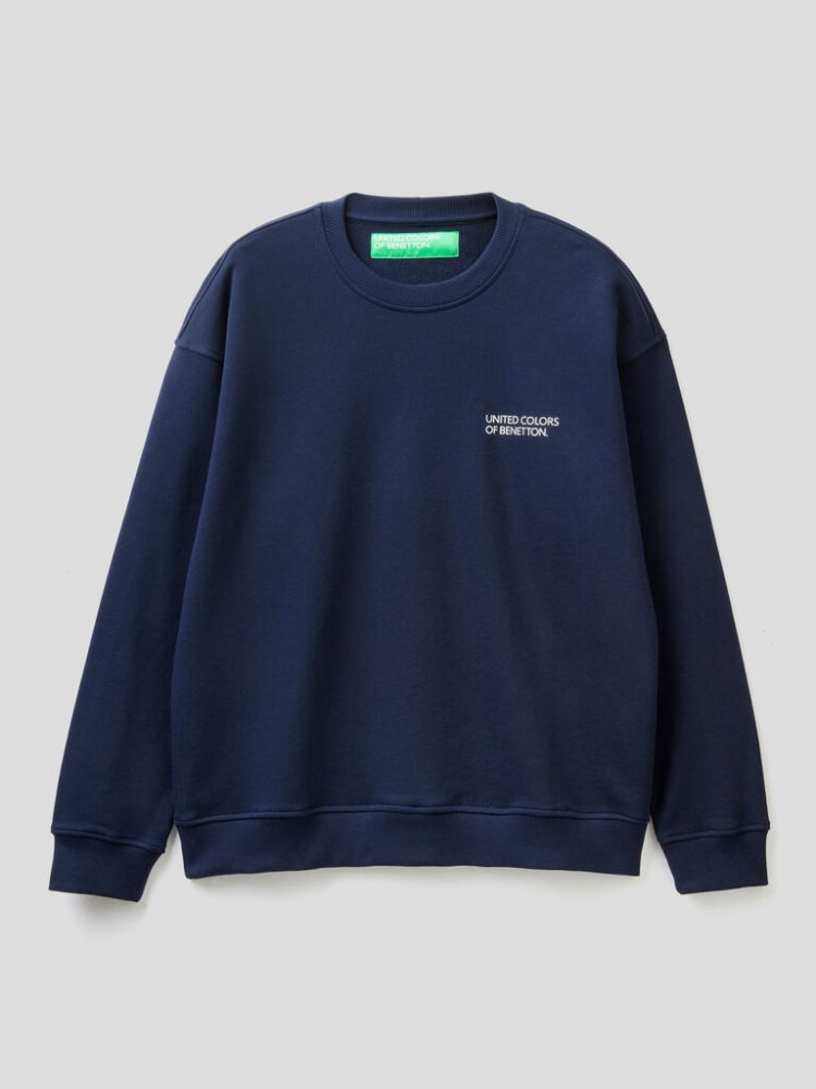 Benetton Crew Neck Logo Print Sweatshirt Heren Donkerblauw | BE656512