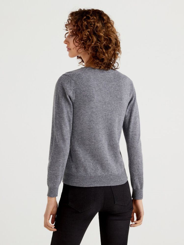 Benetton Crew Neck Merino Wol Truien Dames Grijs | BE089142