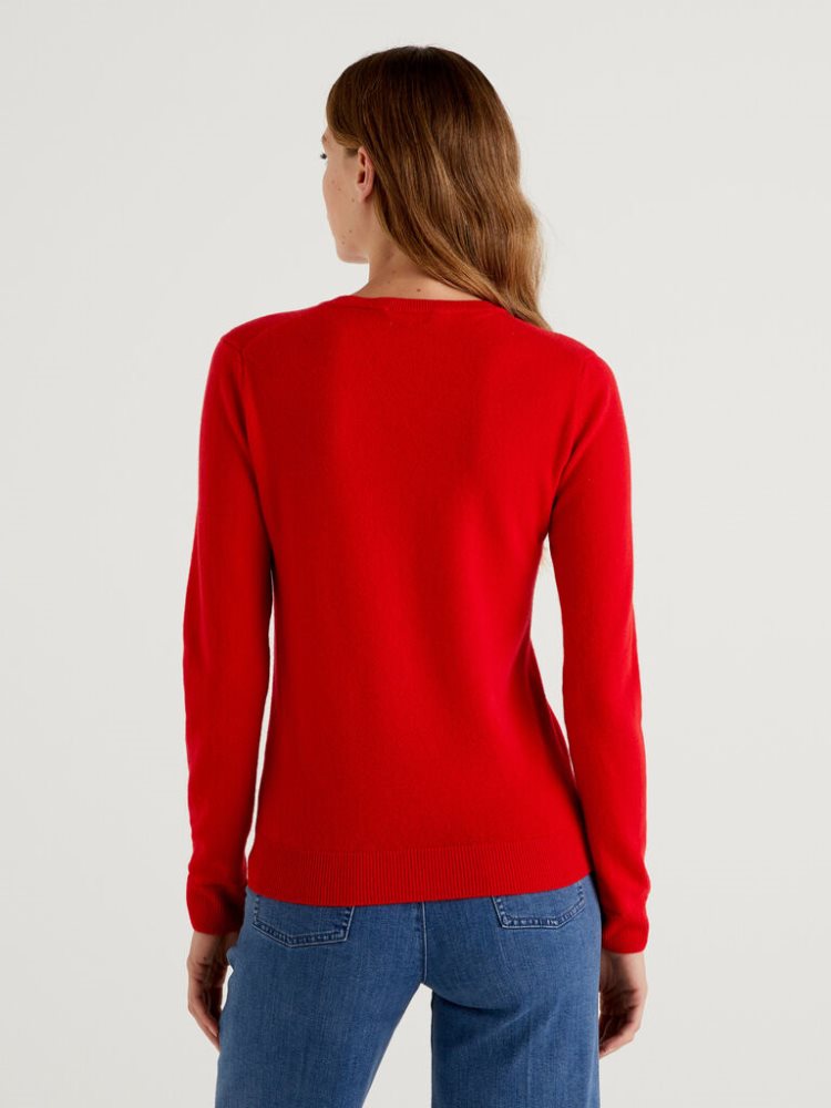 Benetton Crew Neck Merino Wol Truien Dames Rood | BE461260