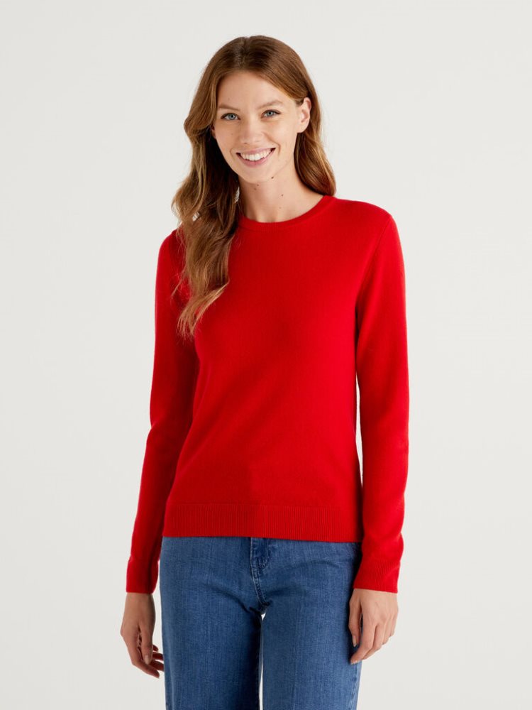 Benetton Crew Neck Merino Wol Truien Dames Rood | BE461260