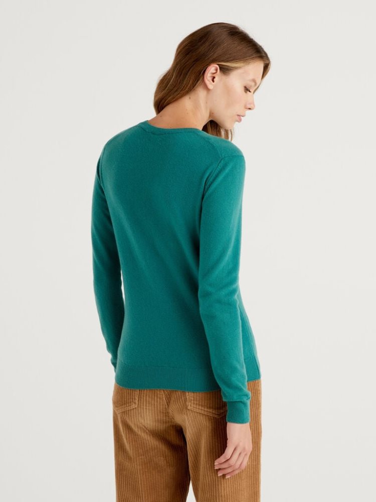 Benetton Crew Neck Merino Wol Truien Dames Donkergroen | BE640891