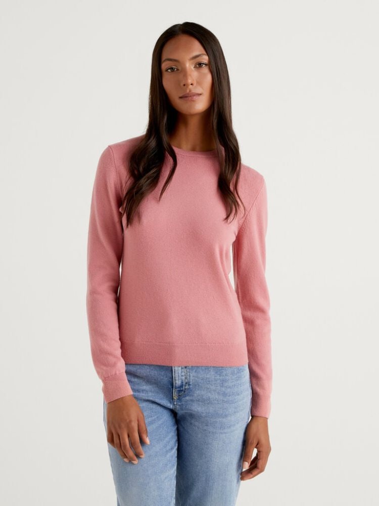 Benetton Crew Neck Merino Wol Truien Dames Roze | BE658581