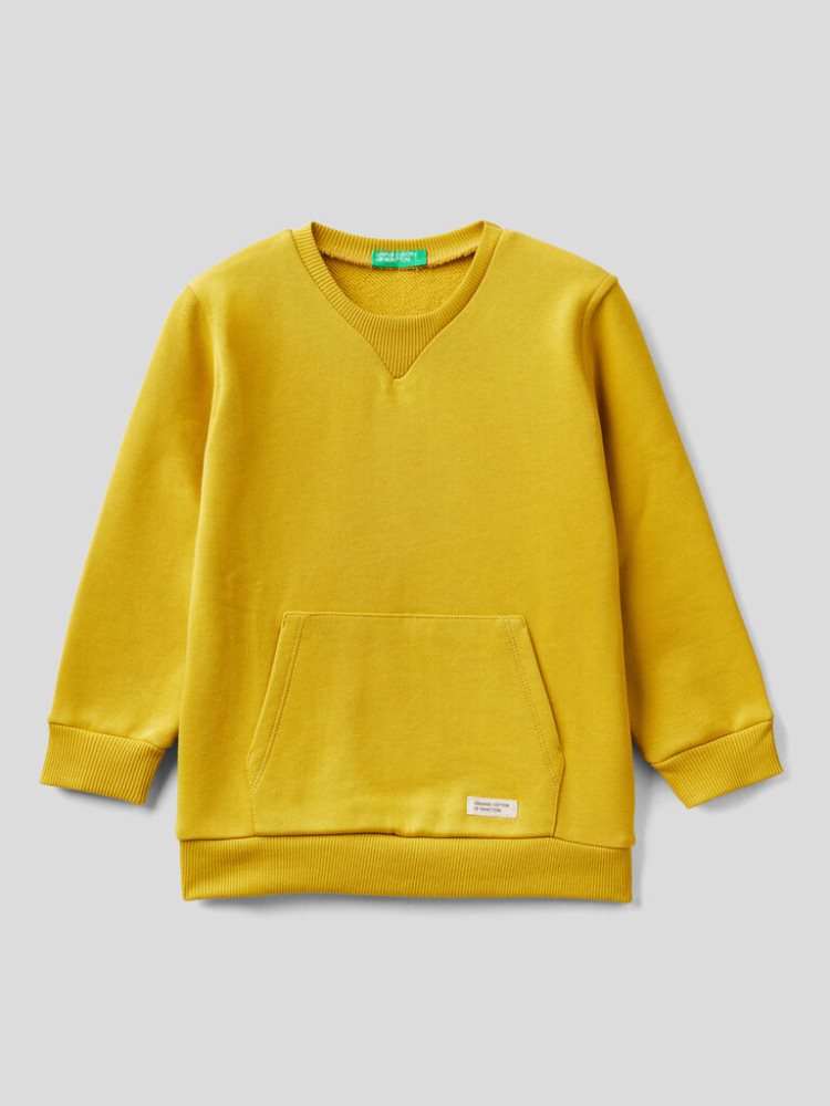 Benetton Crew Neck Organic Katoenen Sweatshirt Kinderen Mosterdgeel | BE117466