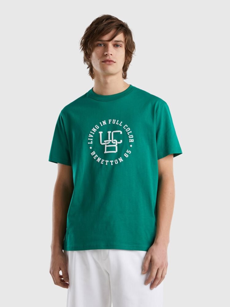 Benetton Crew Neck Print Short Sleeve T-shirts Heren Donkergroen | BE689749