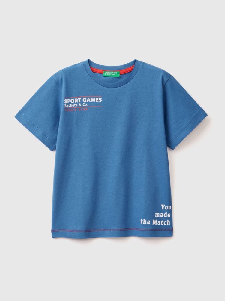 Benetton Crew Neck Print Short Sleeve T-shirts Kinderen Blauw | BE967271