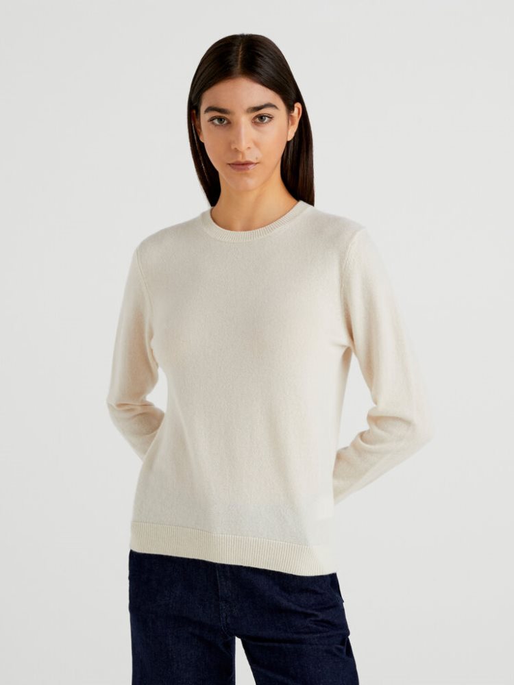 Benetton Crew Neck Pure Cashmere Truien Dames Wit | BE626704