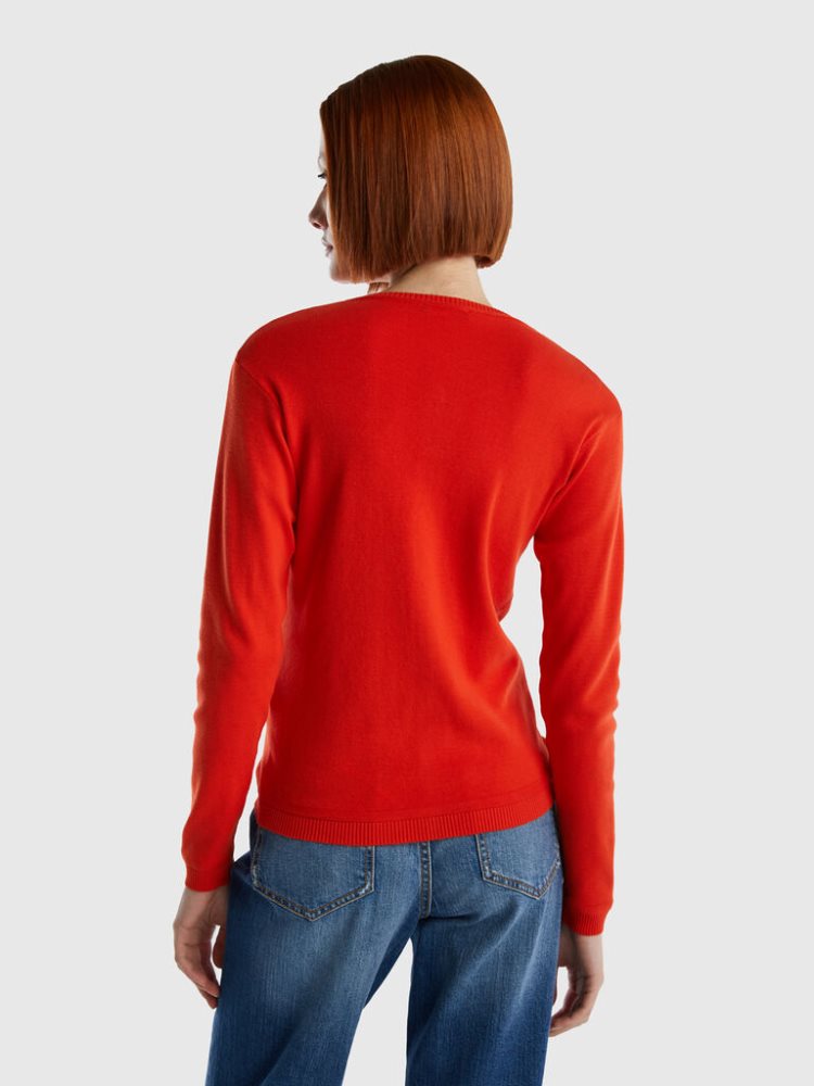 Benetton Crew Neck Pure Katoenen Cardigan Dames Rood | BE443404