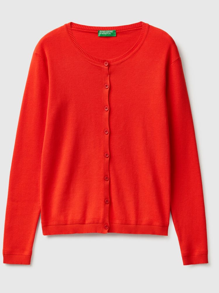 Benetton Crew Neck Pure Katoenen Cardigan Dames Rood | BE443404