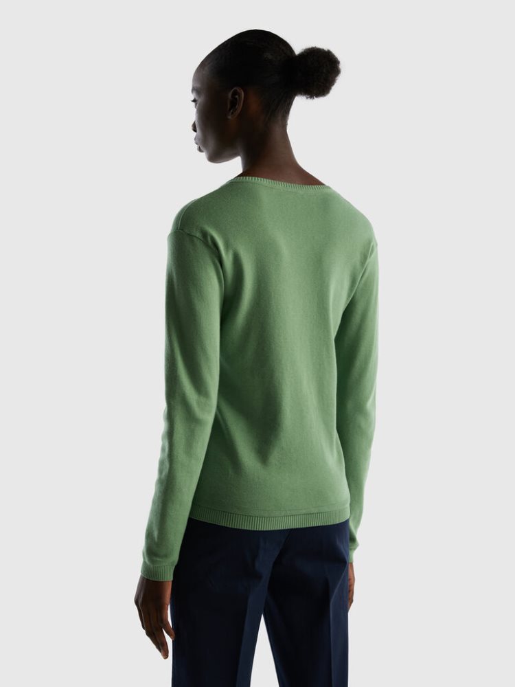 Benetton Crew Neck Pure Katoenen Cardigan Dames Groen | BE445506