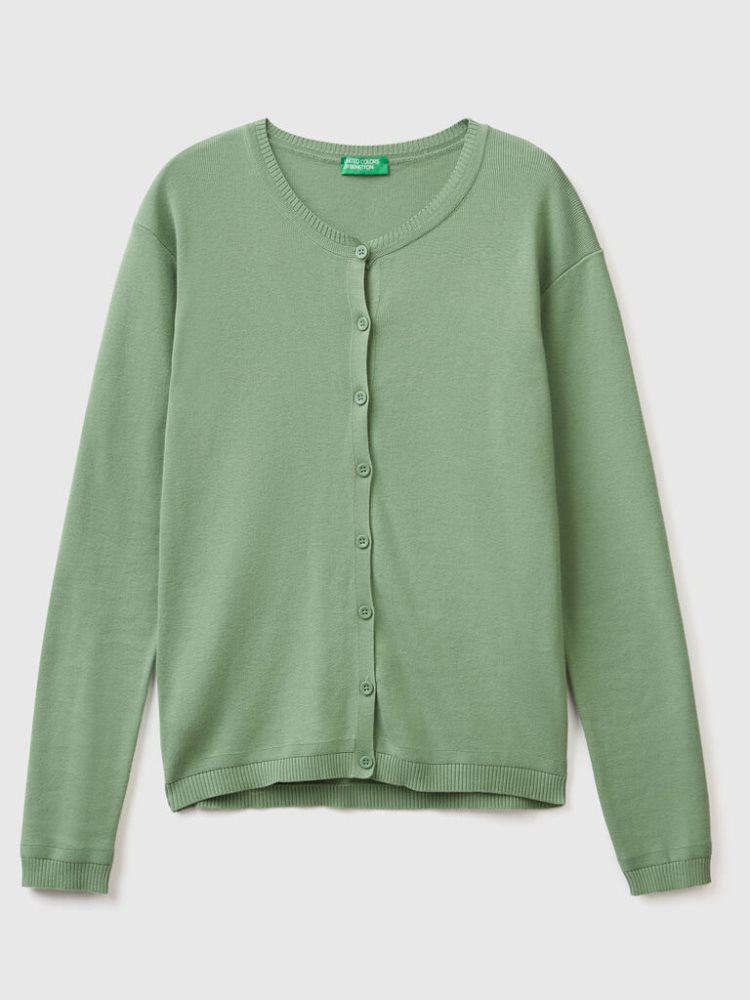 Benetton Crew Neck Pure Katoenen Cardigan Dames Groen | BE445506