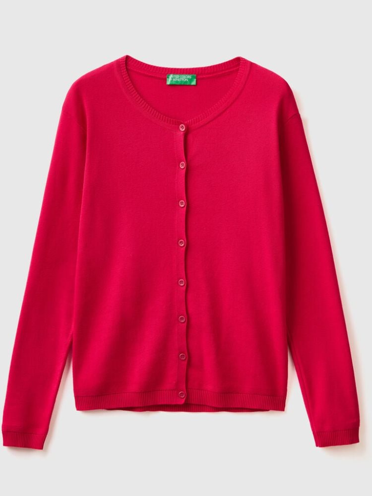 Benetton Crew Neck Pure Katoenen Cardigan Dames Fuchsie | BE643943