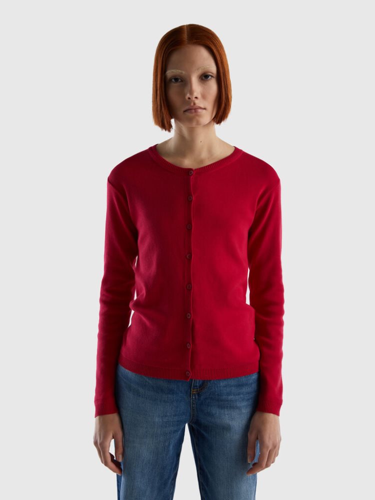 Benetton Crew Neck Pure Katoenen Cardigan Dames Fuchsie | BE643943