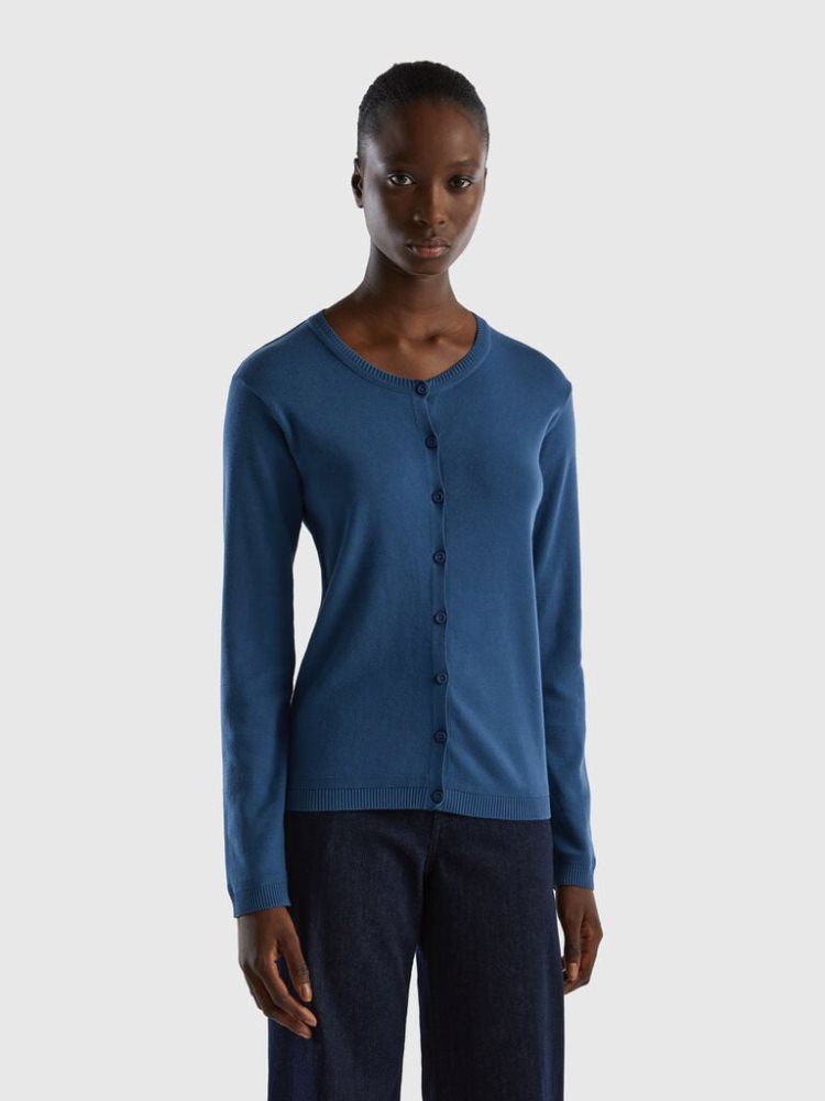 Benetton Crew Neck Pure Katoenen Cardigan Dames Blauw | BE671110