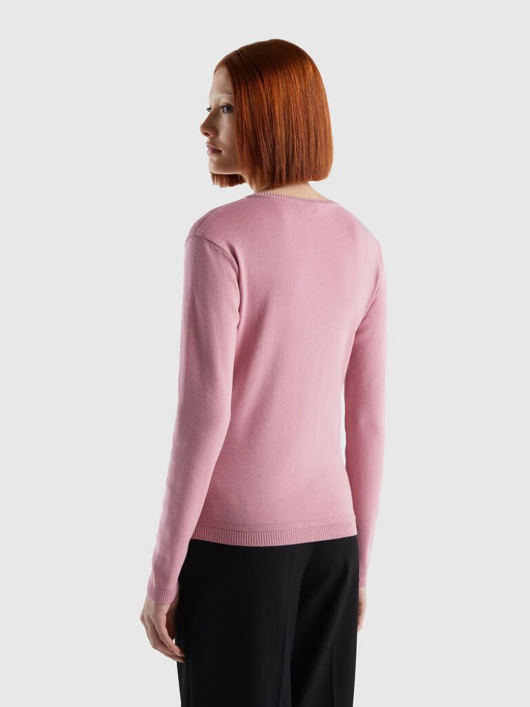 Benetton Crew Neck Pure Katoenen Cardigan Dames Roze | BE951415