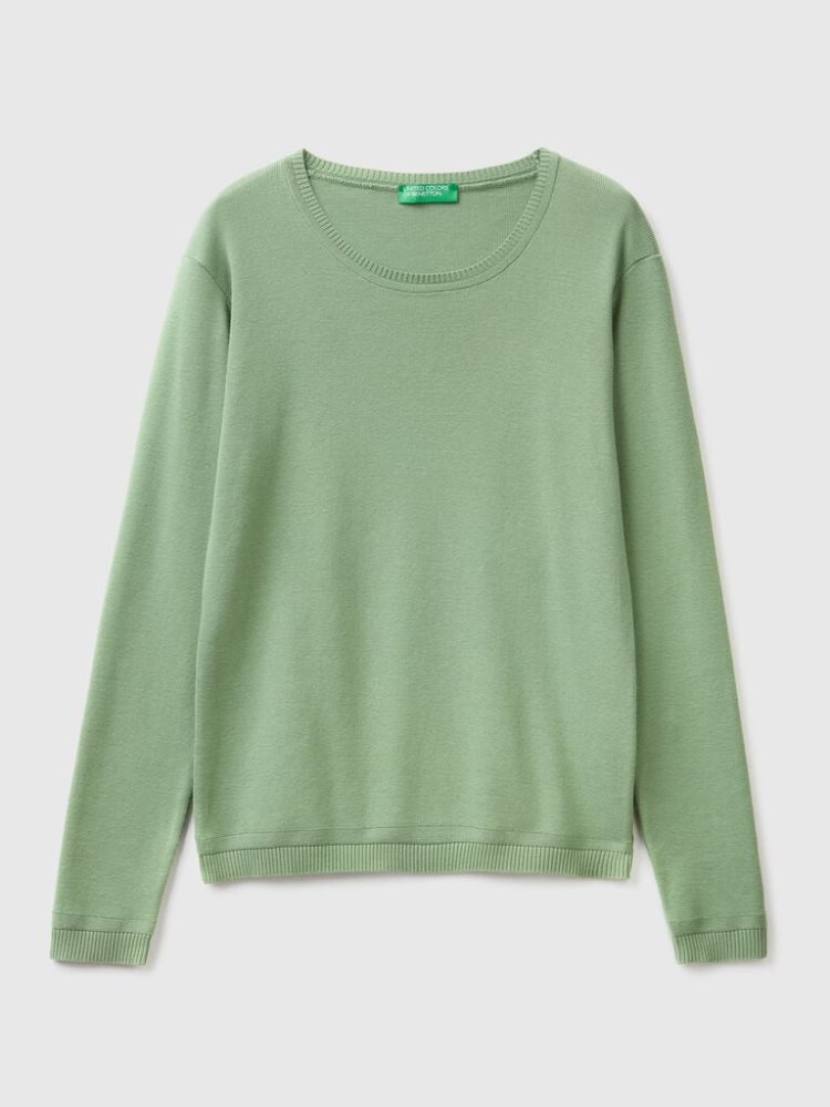 Benetton Crew Neck Pure Katoenen Truien Dames Groen | BE037636