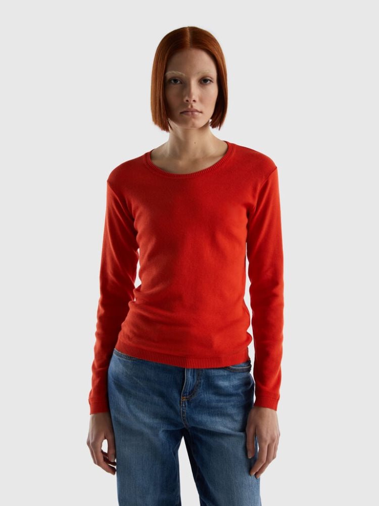 Benetton Crew Neck Pure Katoenen Truien Dames Rood | BE212964