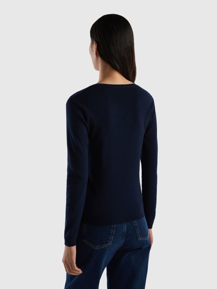 Benetton Crew Neck Pure Katoenen Truien Dames Donkerblauw | BE214735