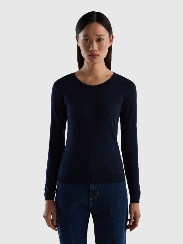 Benetton Crew Neck Pure Katoenen Truien Dames Donkerblauw | BE214735