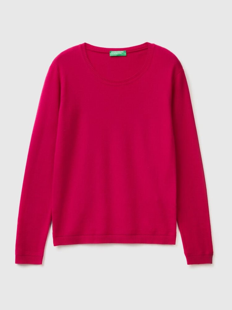 Benetton Crew Neck Pure Katoenen Truien Dames Fuchsie | BE786022