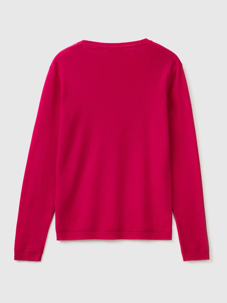 Benetton Crew Neck Pure Katoenen Truien Dames Fuchsie | BE786022