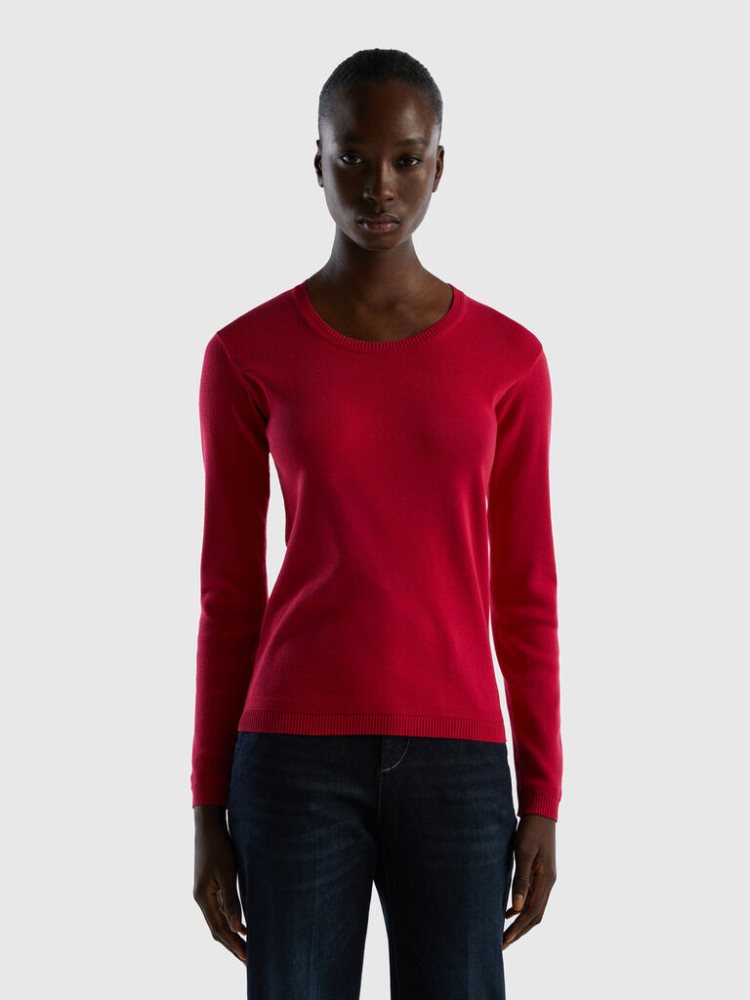 Benetton Crew Neck Pure Katoenen Truien Dames Fuchsie | BE786022