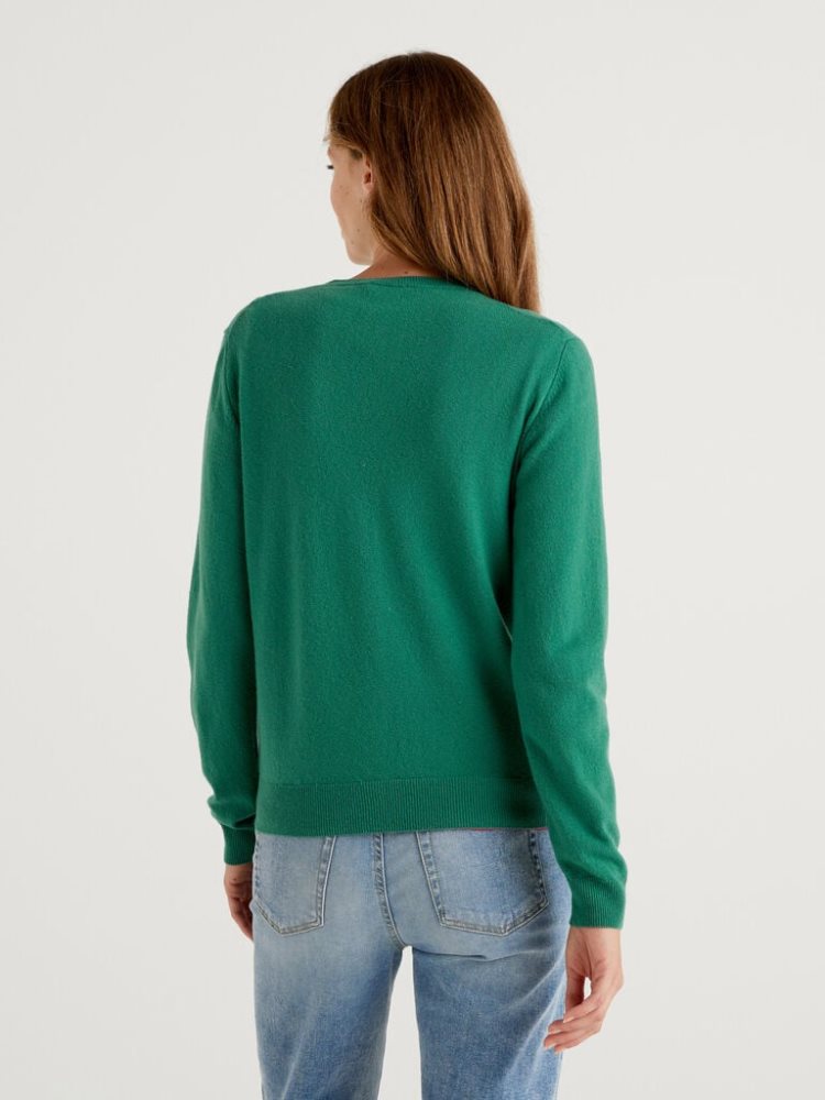 Benetton Crew Neck Pure Merino Wol Cardigan Dames Donkergroen | BE073698