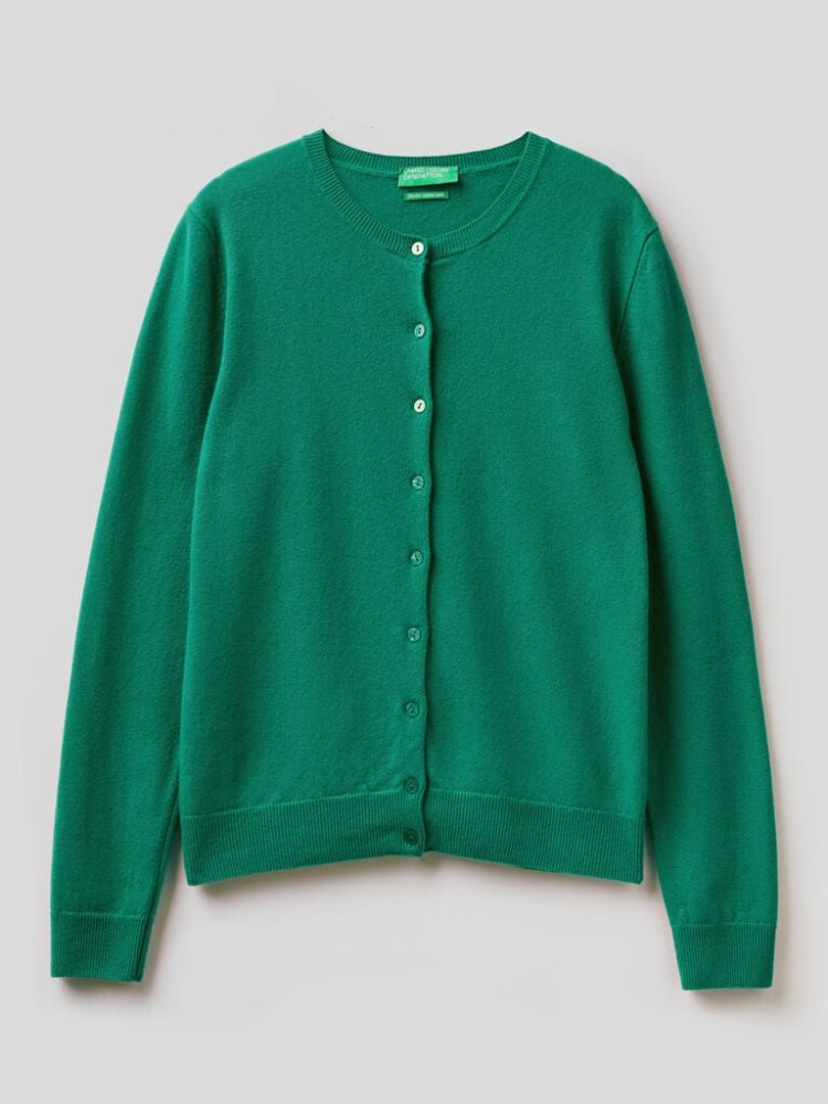 Benetton Crew Neck Pure Merino Wol Cardigan Dames Donkergroen | BE073698