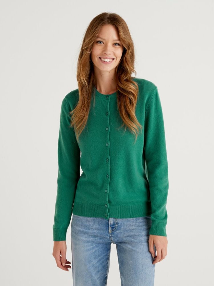 Benetton Crew Neck Pure Merino Wol Cardigan Dames Donkergroen | BE073698