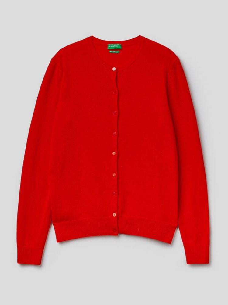 Benetton Crew Neck Pure Merino Wol Cardigan Dames Rood | BE170554