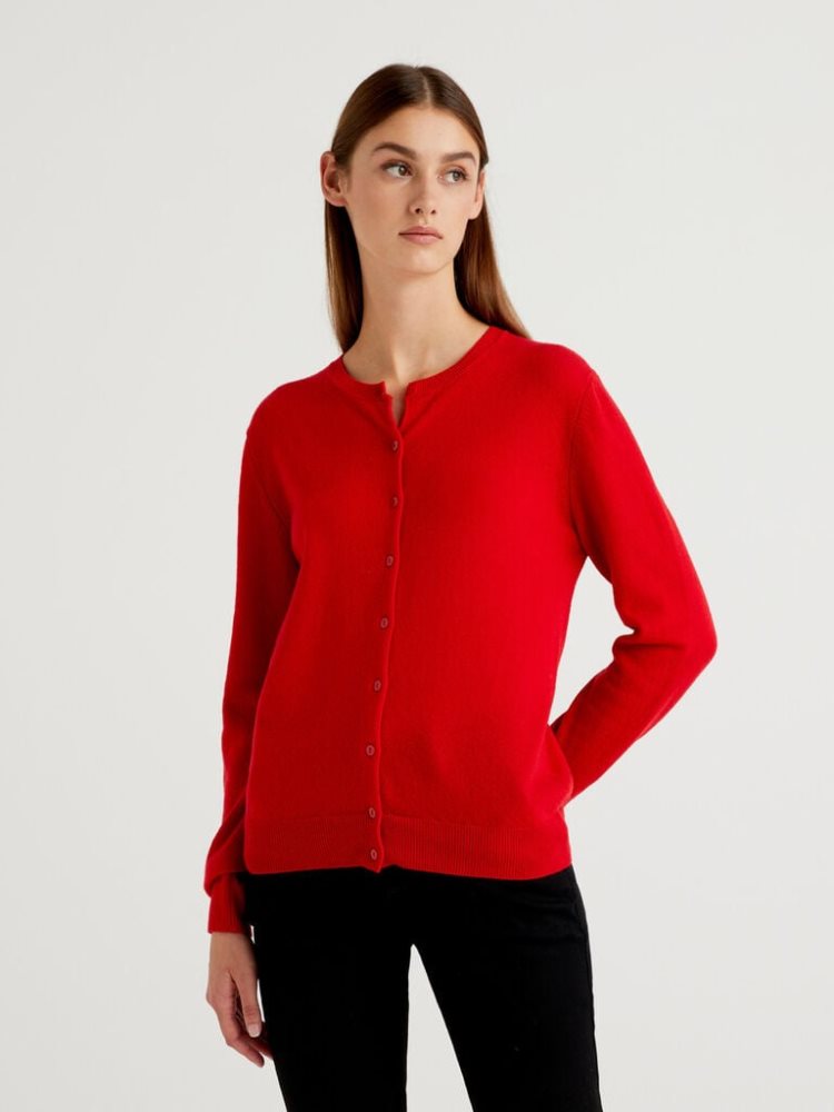 Benetton Crew Neck Pure Merino Wol Cardigan Dames Rood | BE170554