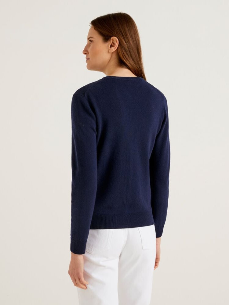 Benetton Crew Neck Pure Merino Wol Cardigan Dames Donkerblauw | BE250659